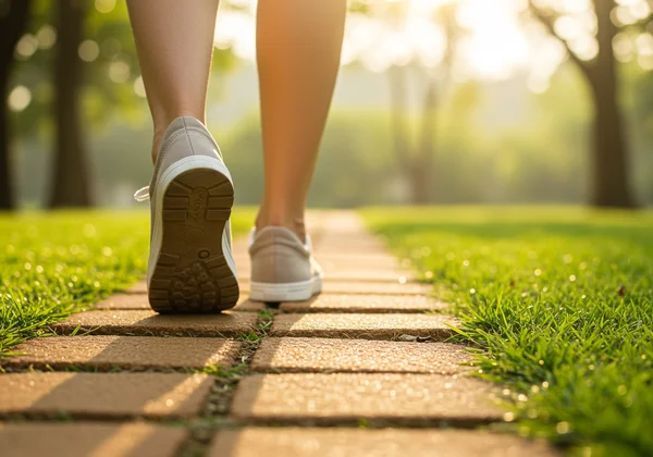 A person taking a first step on a peaceful, green path