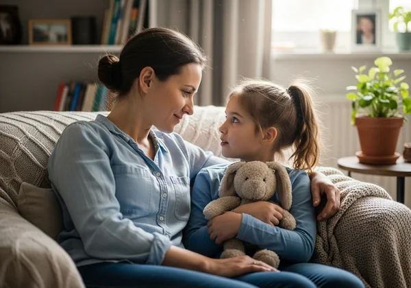 Parent actively listening to child in a safe, calm setting.