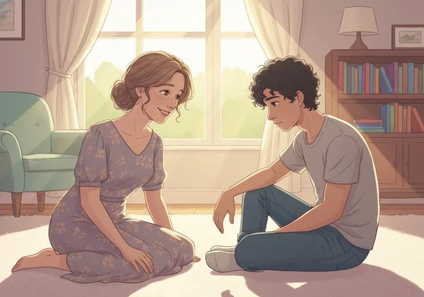 Parent and teen calmly talking, symbolizing open dialogue