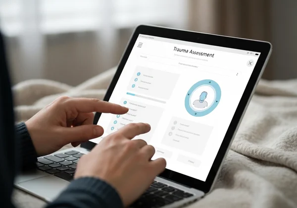 Person taking an online trauma test on a digital device screen