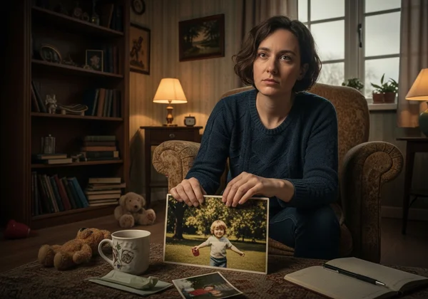 Person reflecting on childhood memories and mental health